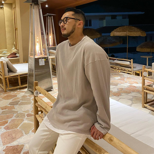 春秋季美式纯色条纹运动卫衣男长袖T恤大码宽松落肩健身训练圆领 - 图1