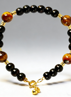 天然黑曜石手串女款 虎眼石搭配18k金  轻奢精致 手串情人节礼物