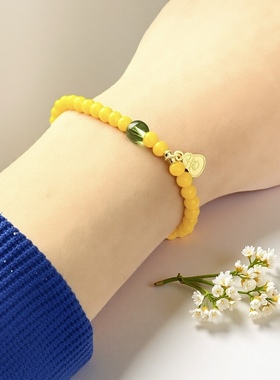 满蜜鸡油黄天然蜜蜡色琉璃手链女款单圈弹力绳手串