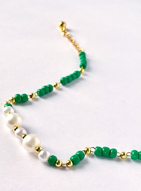 k2m极细绿色琉璃手链 轻奢小众复古显白珍珠手串