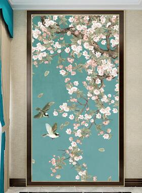 玄关自粘壁画新中式工笔花鸟装饰画客厅走廊过道墙画贴纸定制贴画