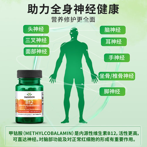 Swanson斯旺森维生素活性b12咀嚼片甲钴胺营养神经改善耳内嗡嗡响 - 图1