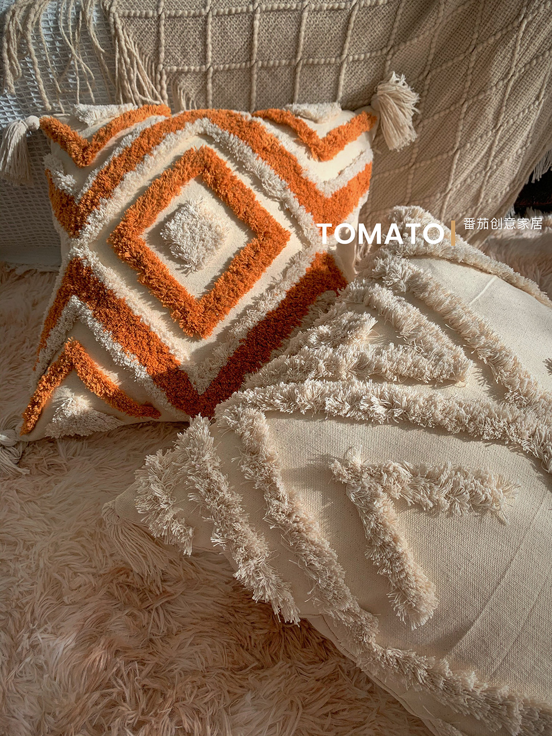 复古北欧ins 波西米亚民宿风轻奢簇绒手绘靠垫抱枕套沙发流苏枕套 - 图1
