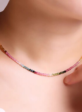 2mm极细天然小碧玺锁骨链项链女彩虹小众设计感渐变夏轻奢不掉色