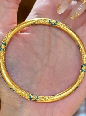 新款新中式国风蓝色青花珐琅彩黄金色手镯女古法花丝镯子实心手环