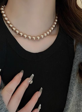 倪妮同款香槟色珍珠项链女小众设计轻奢高级感颈链毛衣链大气高档