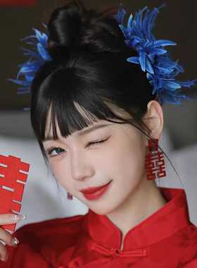 新款新娘耳环红色喜字双囍耳钉新中式结婚礼服敬酒服耳坠耳饰品