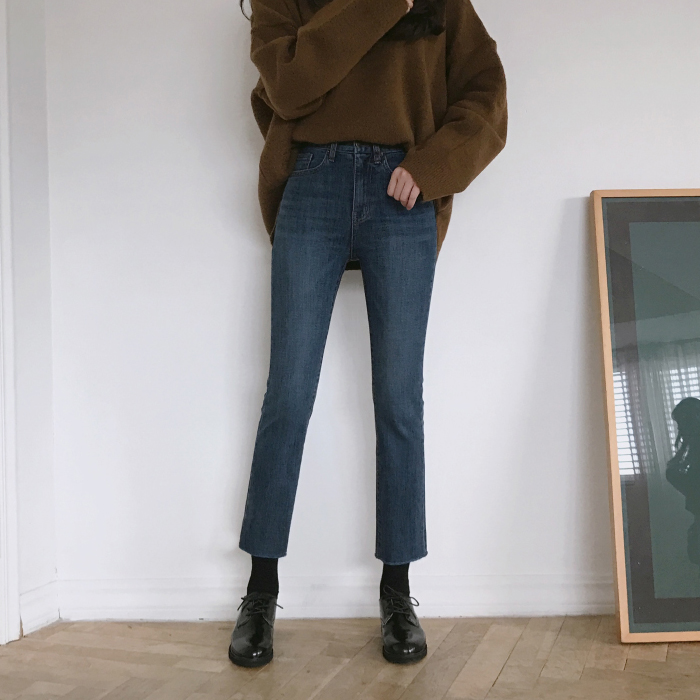 加绒牛仔裤女直筒九分高腰弹力阔腿加厚秋冬2019新款韩版显瘦八分 - 图2