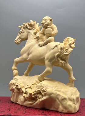 黄杨木雕马上封侯实木摆件工艺品