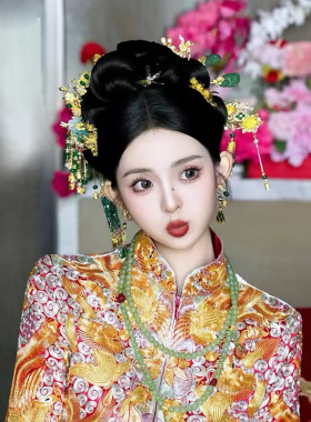 新中式婚礼金绿色发簪龙凤褂头饰
