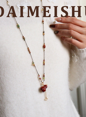 原创时尚精致红色滴油葫芦手工编织串珠毛衣链轻奢感长项链女