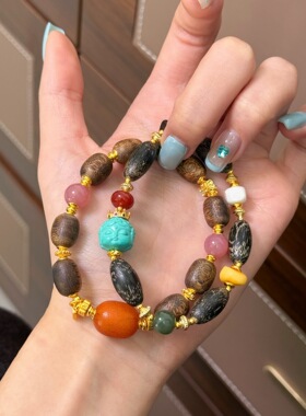 新中式复古时尚精致盐源玛瑙老山檀沉香文玩手串感老蜜蜡手饰