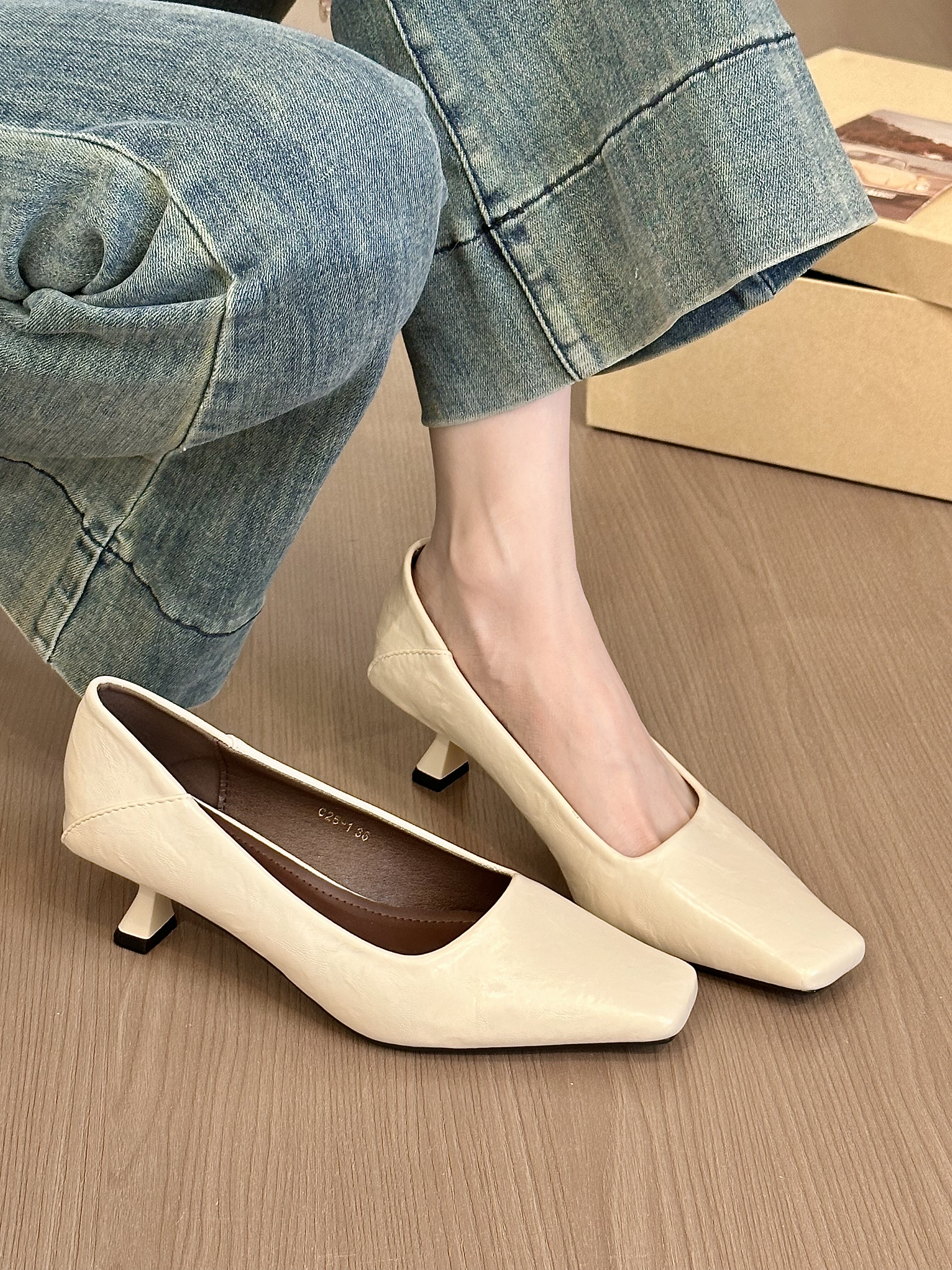 titing春日复古感！气质方头浅口猫跟单鞋女春2026通勤细跟高跟鞋,淘宝优惠券,粉丝福利购,淘宝优惠卷