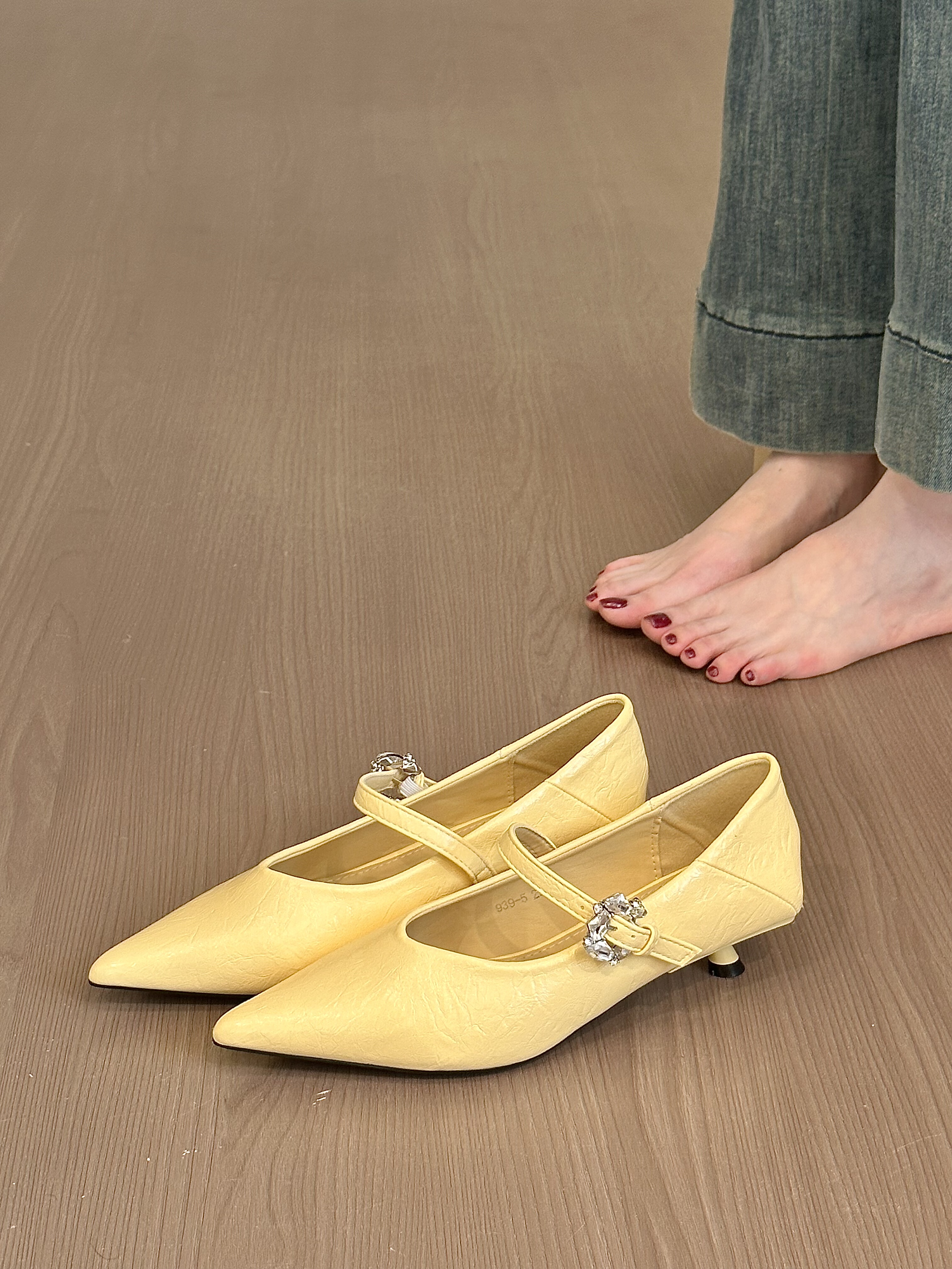 titing春天奶油黄！气质尖头水钻扣玛丽珍鞋女春2026韩版猫跟单鞋,淘宝优惠券,粉丝福利购,淘宝优惠卷