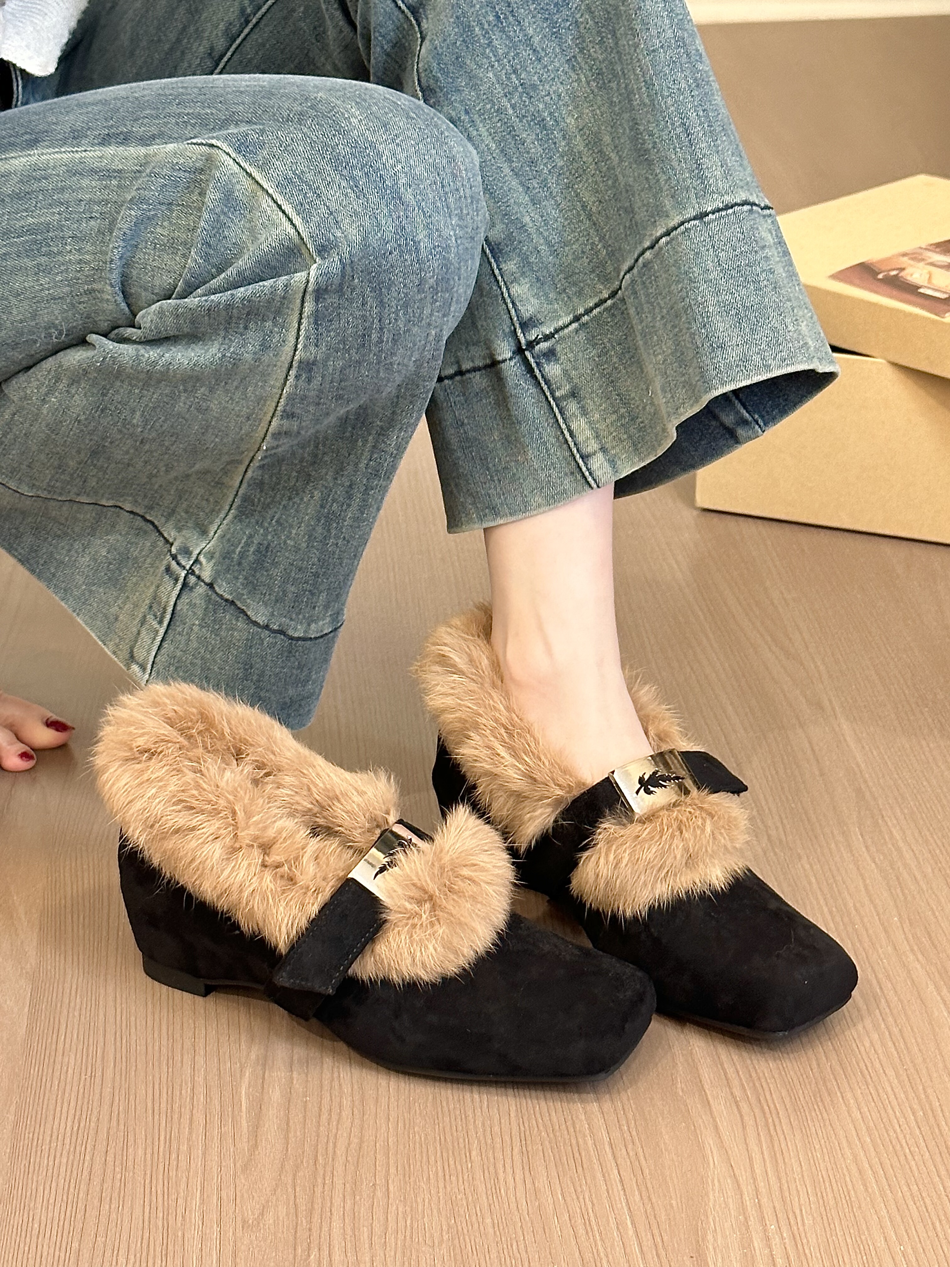 titing古早老钱风！复古绒面方头搭扣毛毛单鞋女冬加绒内增高单鞋,淘宝优惠券,粉丝福利购,淘宝优惠卷