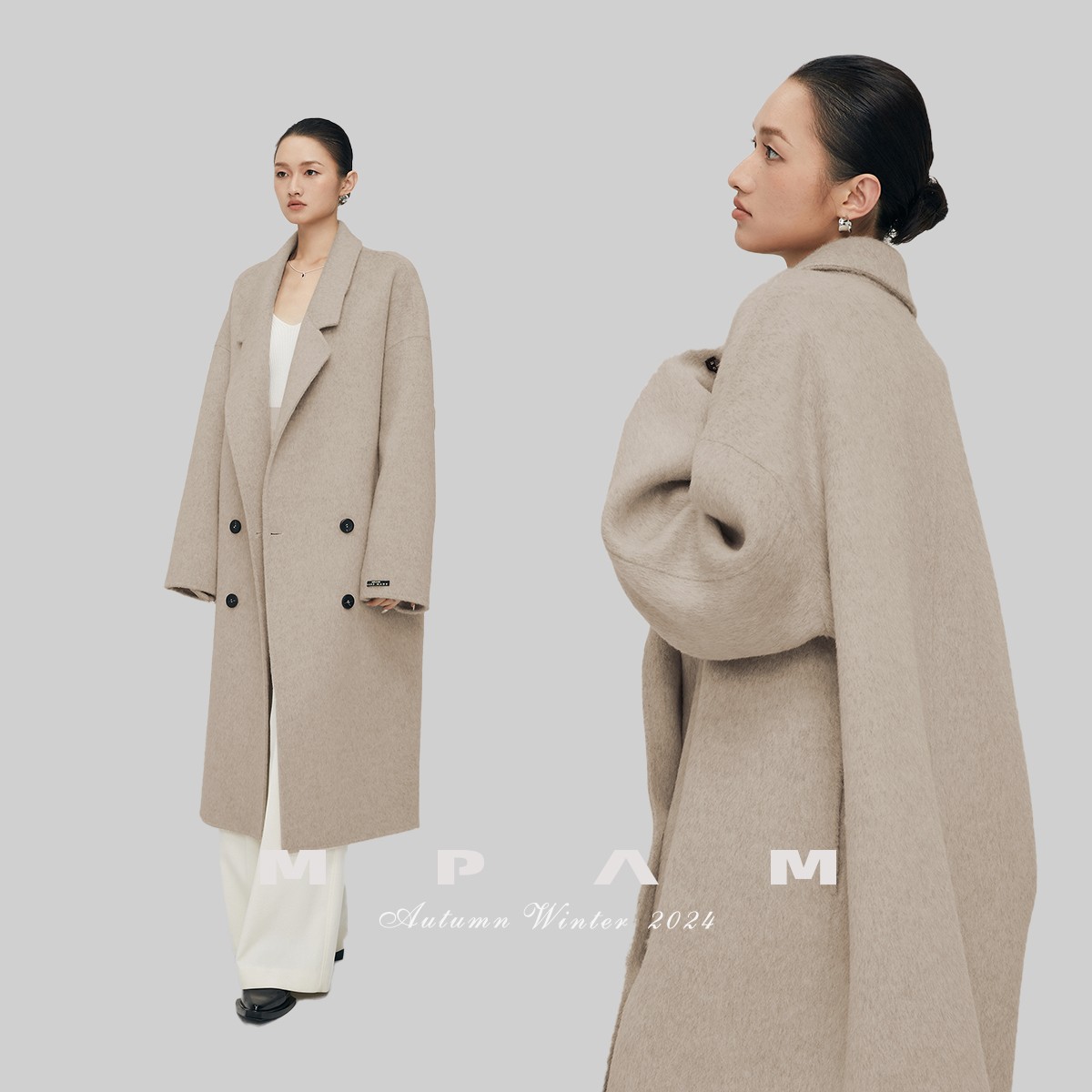 【超新鲜】MPAM双面长毛羊毛大衣女宽松灰色外套 - 图1