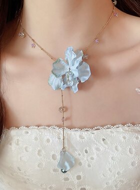 花朵水晶氛围吊坠项链超仙布艺甜