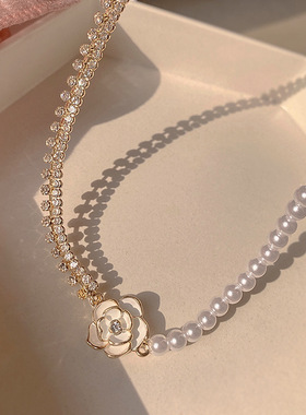 法式复古项链女宫廷优雅小众设计感珍珠拼接锁骨链山茶花耳钉耳环