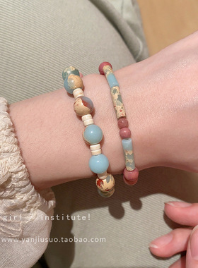 慧娴家新品撞色寿山石串珠手链女夏季小众设计感弹力手串网红首饰