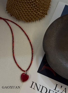 甜酷辣妹红玉爱心吊坠锁骨链
