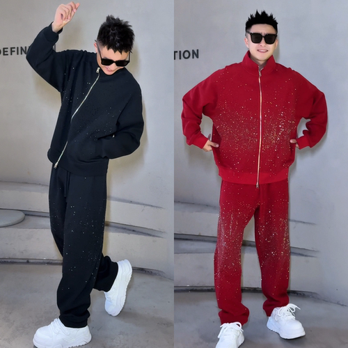 春季爆款时尚烫钻满天星运动套装潮流个性痞帅男士外套长裤两件套 - 图1