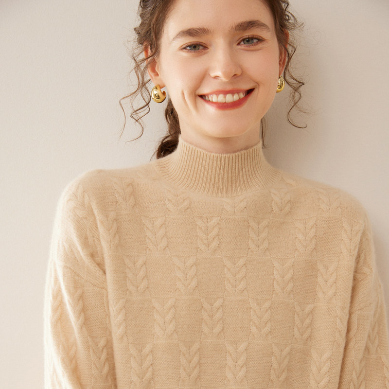 戎美衣尚山羊绒衫女冬加厚半高领绞花软糯保暖内搭毛衣针织打底衫,淘宝优惠券,粉丝福利购,淘宝优惠卷