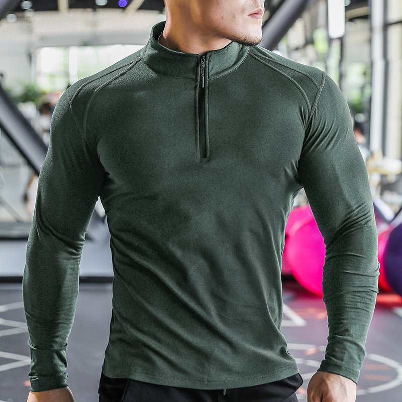 撸铁狼健身服长袖男秋冬德绒紧身立领POLO衫训练跑步保暖运动上衣 - 图0