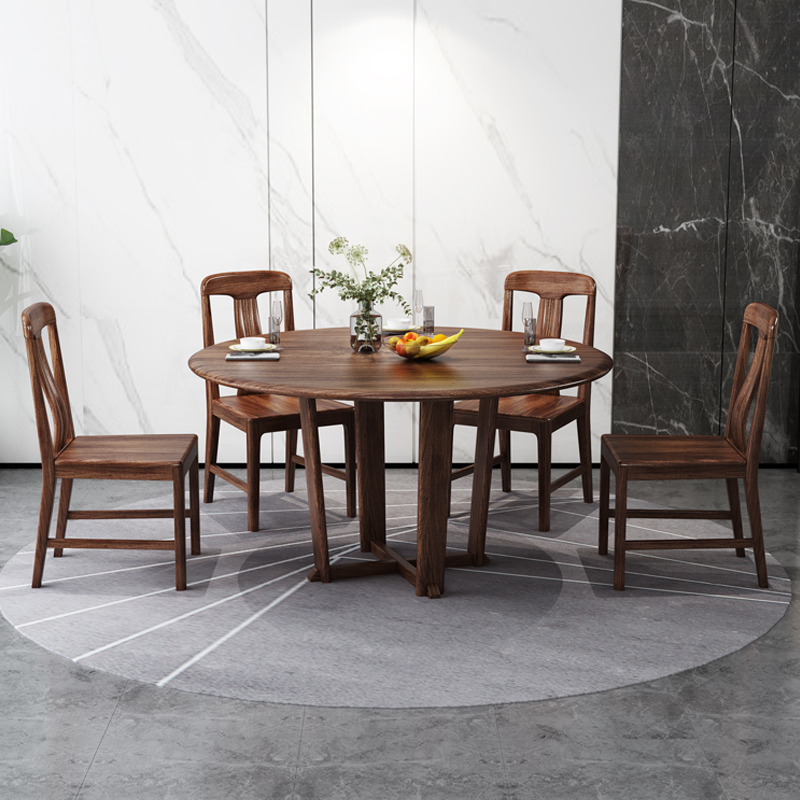 全实木餐桌椅组合乌金木带转盘新中式圆形小户型家用吃饭桌子圆桌