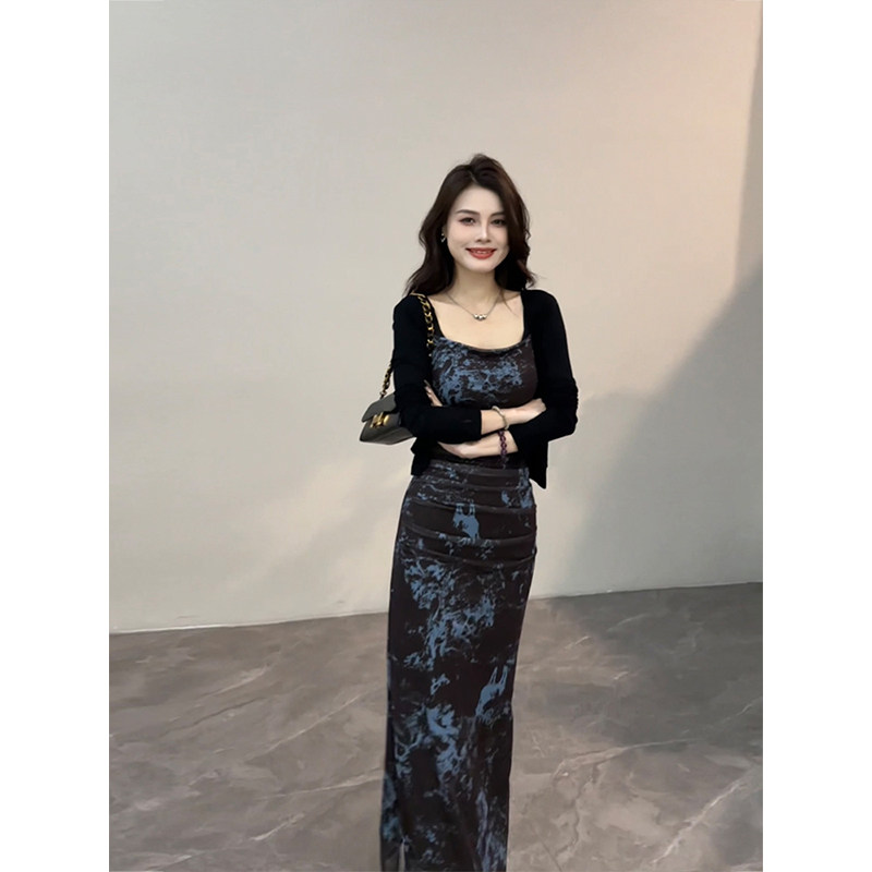 大婷婷 高级感墨染复古修身连衣裙开叉包臀新款吊带长裙DT1215,淘宝优惠券,粉丝福利购,淘宝优惠卷