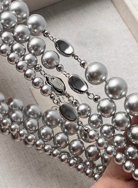 新款时髦休闲银灰色施家珍珠项链轻奢高级贝珠叠戴锁骨链真多麻色