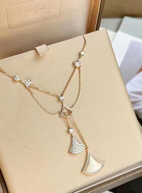 欧美跨境多扇双层裙子项链镀18K玫瑰金轻奢百搭白贝流苏锁骨链女