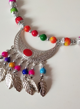 民族风复古苗银项链夸张头饰彩珠