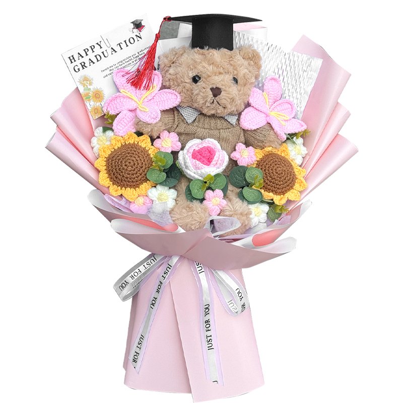 毕业熊成品手工编织毛线针织仿真花束成人礼生日毕业季送孩子闺蜜 - 图3