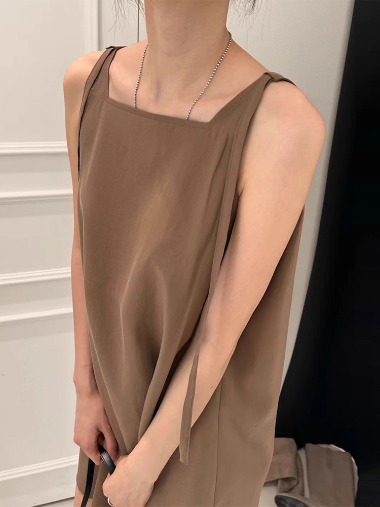 韩国chic夏季复古小众方领宽松休闲A字背心裙可调节吊带连衣裙女,淘宝优惠券,粉丝福利购,淘宝优惠卷