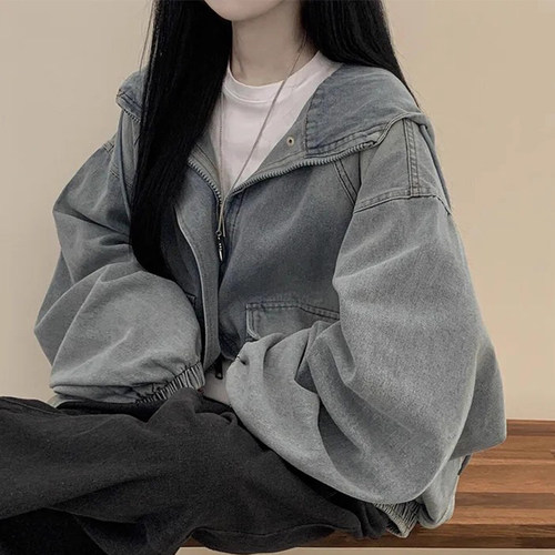 韩国chic秋季新款法式慵懒风双拉链大口袋短款连帽牛仔卫衣外套女 - 图2