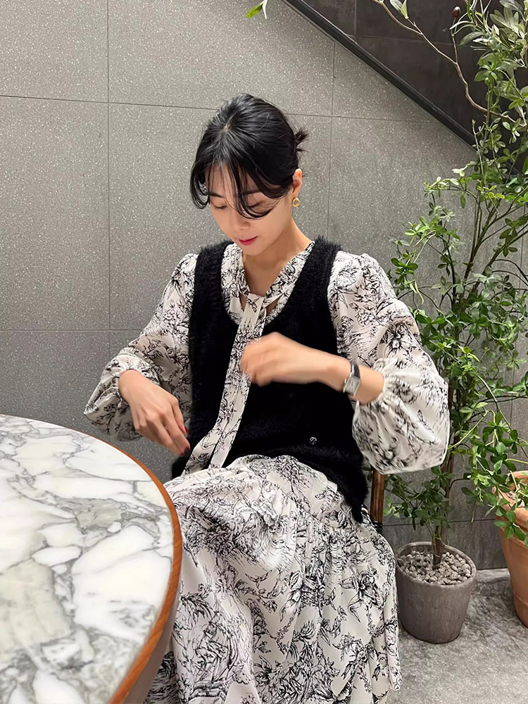 韩国chic春季法式复古水墨碎花系带收腰长款泡泡袖雪纺连衣裙女 - 图0