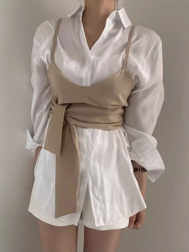 韩国chic春季新款气质百搭绑带吊带背心+光泽感长袖衬衫两件套女 - 图3
