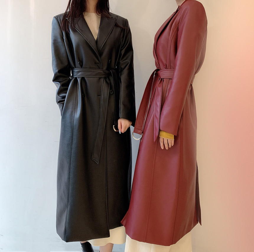韩国chic秋季复古西装领单排扣系带收腰过膝长款PU皮风衣外套女 - 图3