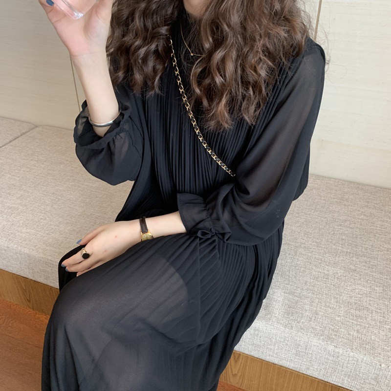 韩国chic春季新款法式复古木耳边立领宽松长款喇叭袖百褶连衣裙女