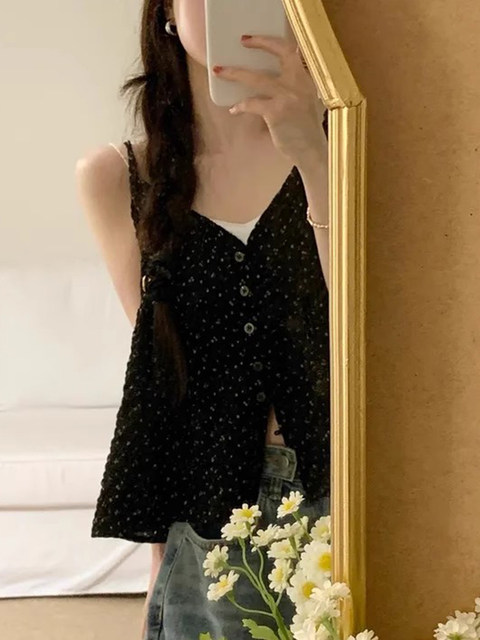 Loose and thin versatile small floral suspender shirt