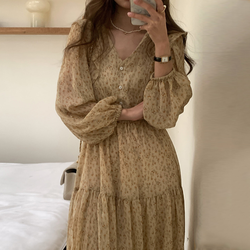 韩国chic秋季复古温柔V领满屏碎花拼接荷叶边高腰显瘦桔梗连衣裙 - 图1