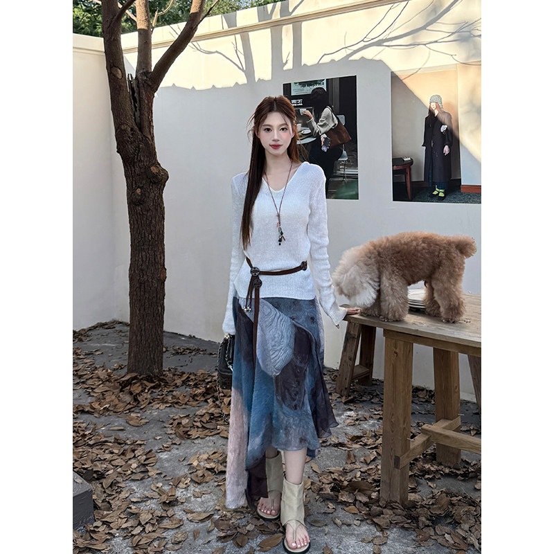 时尚套装纯色连帽针织衫女秋季新款不规则雪纺扎染半身裙两件套,淘宝优惠券,粉丝福利购,淘宝优惠卷