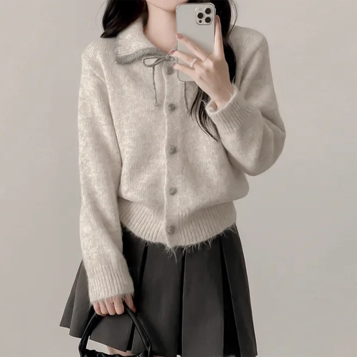 甜美减龄系带蝴蝶结针织开衫外套女2025冬季新款撞色百搭软糯毛衣,淘宝优惠券,粉丝福利购,淘宝优惠卷