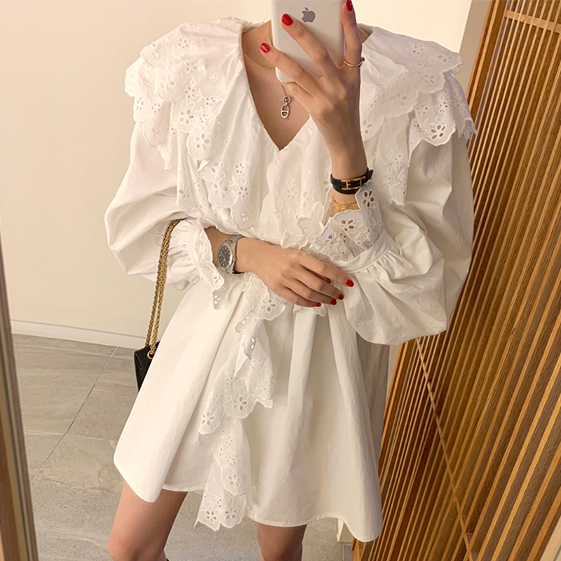 韩国chic春季法式气质V领拼接蕾丝荷叶边设计收腰显瘦长袖连衣裙 - 图0