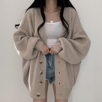 ລະດູໃບໄມ້ຫຼົ່ນແລະລະດູໜາວຂອງເກົາຫຼີແບບເຣັກໂທຣແບບຂີ້ຄ້ານແບບຄໍ V ເຕົ້ານົມດຽວກະທັດຮັດວ່າງແຂນຍາວຖັກແສ່ວ cardigan sweater jacket