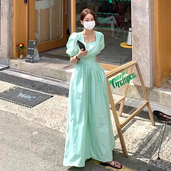 Korean chic summer soft temperament square neck backless lace-up waist slimming solid color A-line dress ຍາວສໍາລັບແມ່ຍິງ