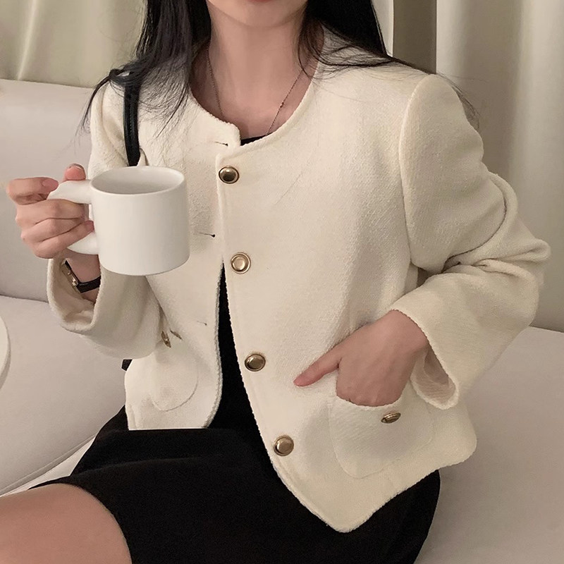 韩国chic秋季法式高级感金属单排扣宽松通勤百搭长袖毛呢短外套女,淘宝优惠券,粉丝福利购,淘宝优惠卷