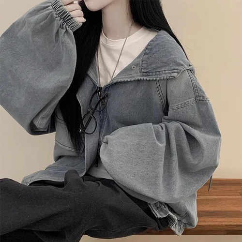 韩国chic秋季新款法式慵懒风双拉链大口袋短款连帽牛仔卫衣外套女 - 图0