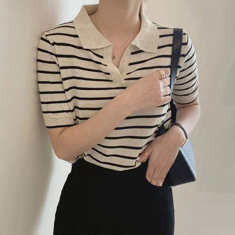 韩国chic夏季复古感气质POLO领宽松条纹撞色设计感套头短袖T恤女 - 图3