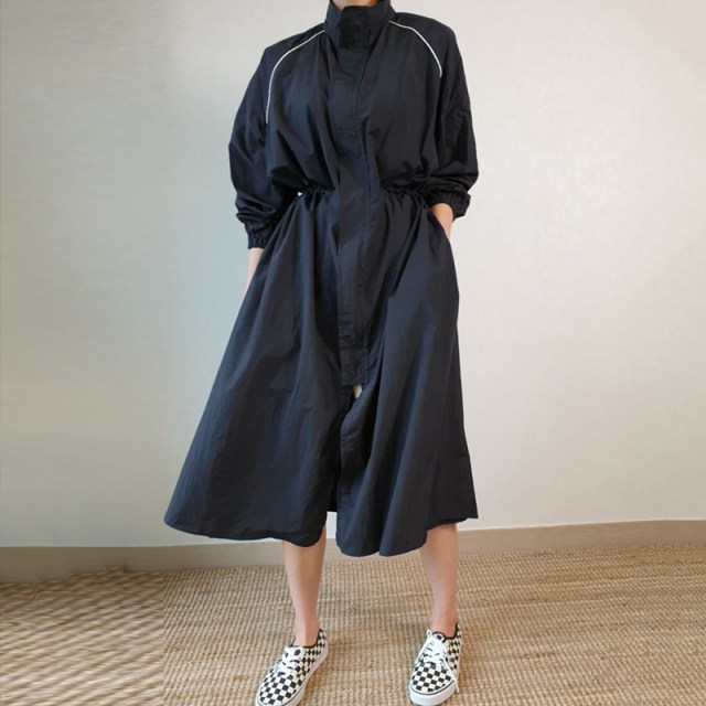 South Korea Chic autumn versatile collar hidden buckle design Loose high waist high -knee split trench dress female